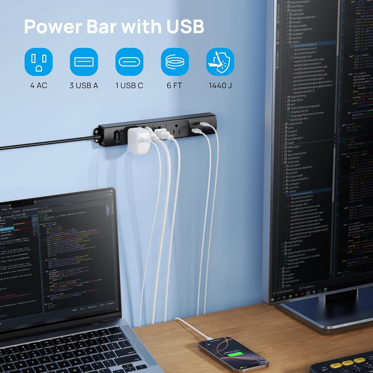 Surge Protector Power Strip with USB, Ultra Thin Flat Plug 6Ft Long Extension Cord 1625W, 3 USB a & 1 Type C, 4 AC Outlets 1440J Surge Protection Wall Mount for Home Office Dorm Room, Black