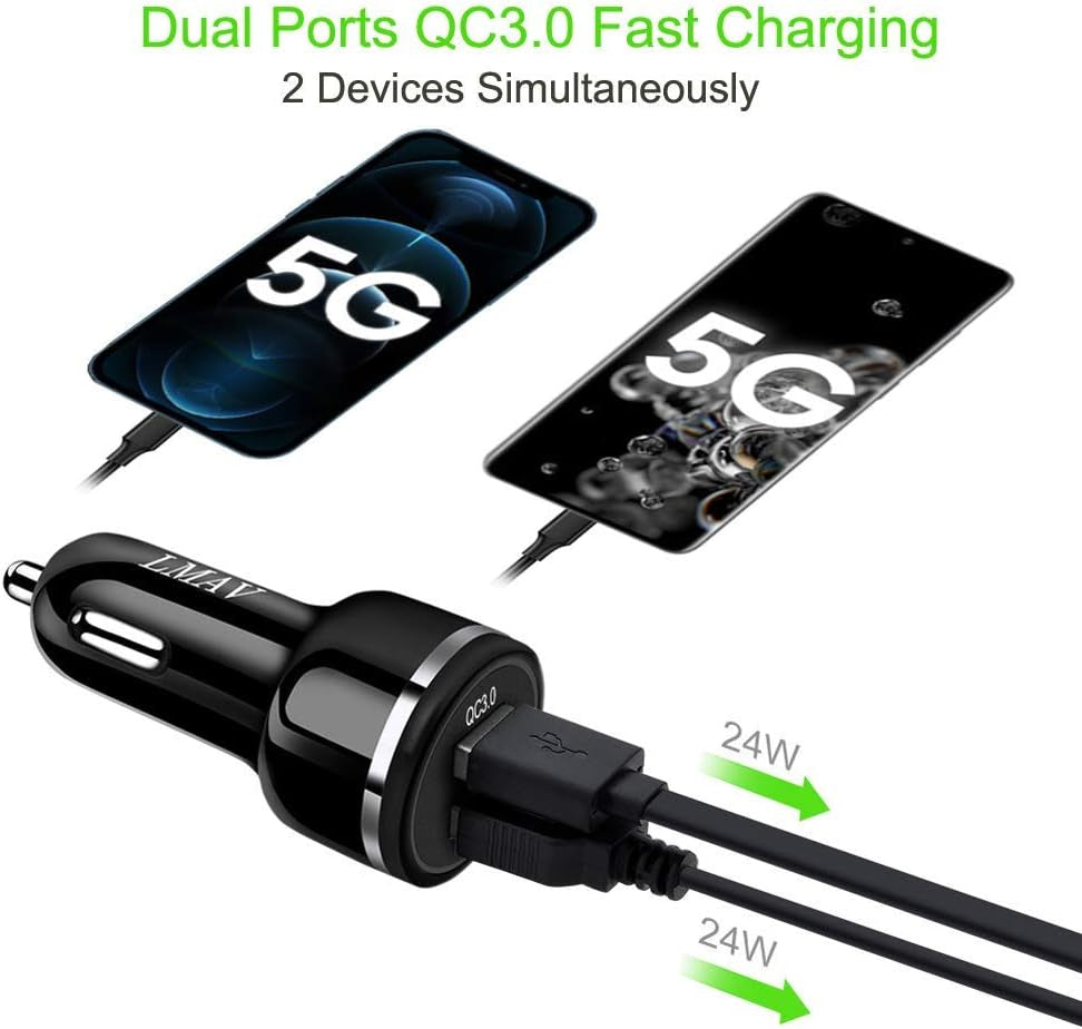 USB Car Charger Adapter, Dual QC3.0 Fast Car Phone Charger, 2-Port 48W 6A Car Charger Fast Charging Compatible with Iphone 12/11, Samsung Galaxy S20/Note20, LG, Tablet and More [2Pack].