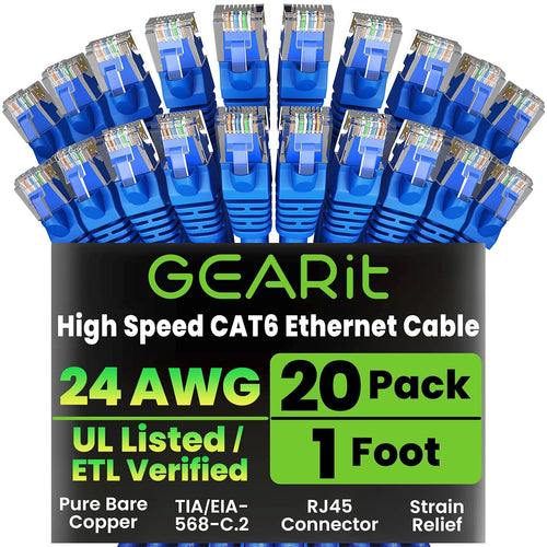 Cat 6 Ethernet Cable Pack - 20-Pack 1 Ft Cat6 Ethernet Patch Cables | RJ45 Network Patch Cable, 10 Gbps Snagless Gold-Plated Connectors - Ethernet Cable Cat 6 for PC, TV, Router - Blue