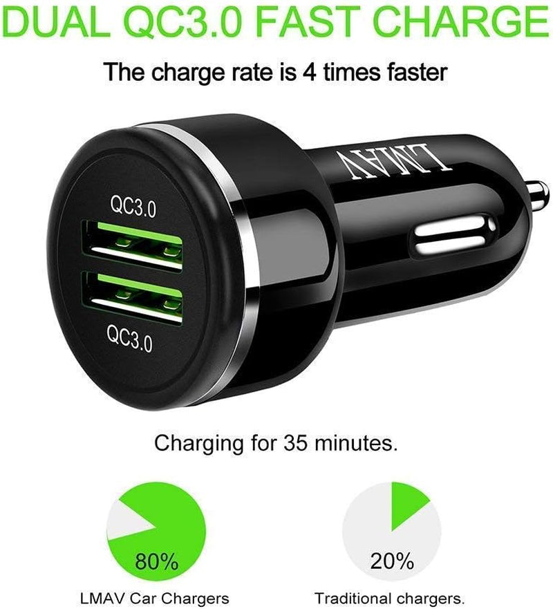 USB Car Charger Adapter, Dual QC3.0 Fast Car Phone Charger, 2-Port 48W 6A Car Charger Fast Charging Compatible with Iphone 12/11, Samsung Galaxy S20/Note20, LG, Tablet and More [2Pack].