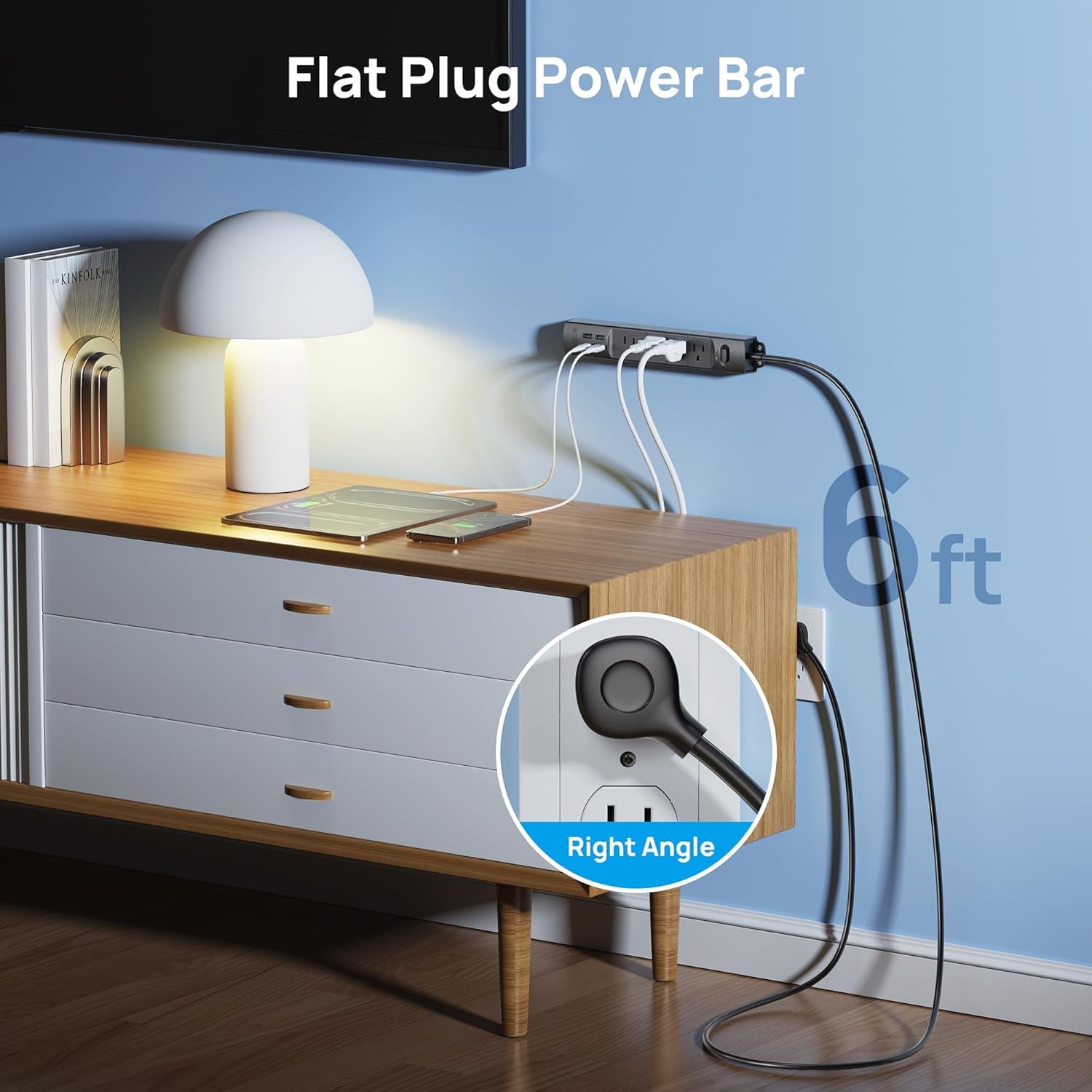 Surge Protector Power Strip with USB, Ultra Thin Flat Plug 6Ft Long Extension Cord 1625W, 3 USB a & 1 Type C, 4 AC Outlets 1440J Surge Protection Wall Mount for Home Office Dorm Room, Black