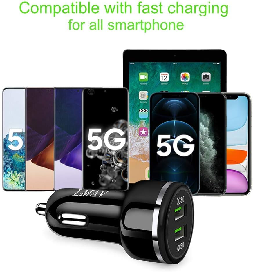 USB Car Charger Adapter, Dual QC3.0 Fast Car Phone Charger, 2-Port 48W 6A Car Charger Fast Charging Compatible with Iphone 12/11, Samsung Galaxy S20/Note20, LG, Tablet and More [2Pack].
